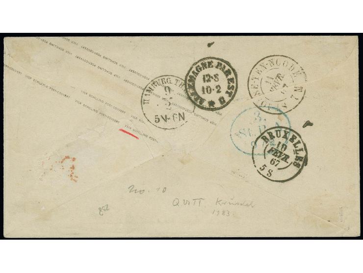 BELGIEN: 1867, Ganzsachenumschlag 4 Schilling grün, rückseitig einmal mit Fehldruck "VEIR SCHILLING", mit nebengesetztem blau