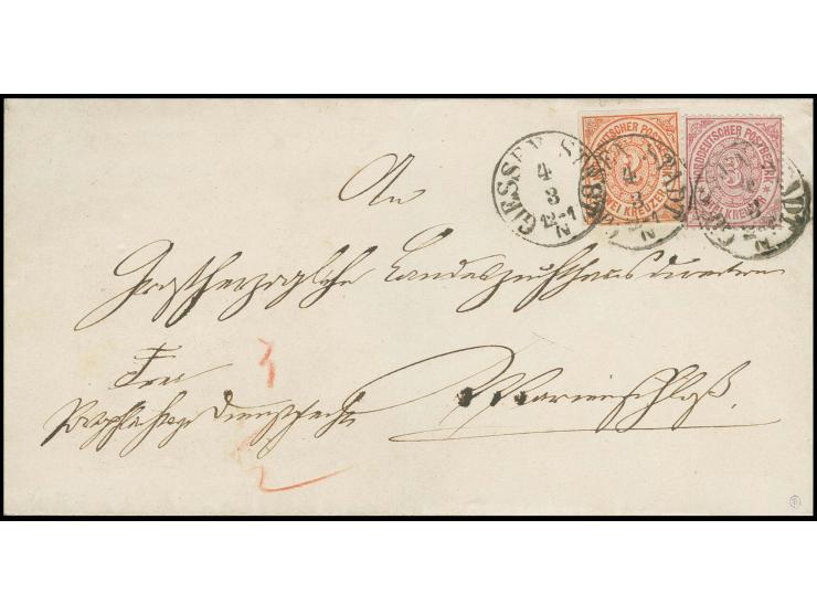 2 Kr. orange und 1869, 3 Kr. karmin mit T&T-EKr. "GIESSEN STADT 4 3" auf Dienst-Faltbrief mit vorausbezahltem Bestellgeld nac