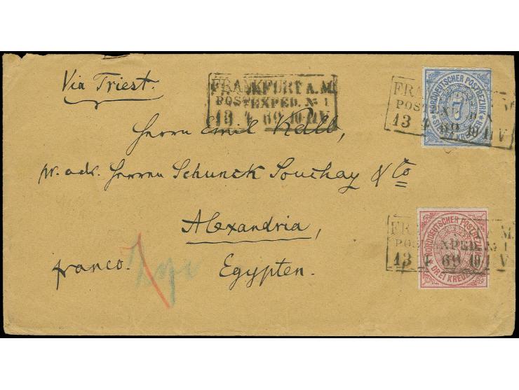 3 Kr. karmin und 7 Kr. grauultramarin mit Ra3 "FRANKFURT A.M. / POSTEXPED. No.1 / 13 4 69" auf Brief via Triest nach Alexandr