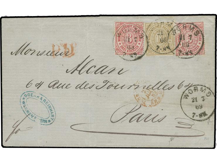 18 Kr. ockerbraun und 1869, 3 Kr. karmin (2) mit EKr. "WORMS 21 7 69" auf Faltbrief der 2. Gewichtsstufe nach Paris, die 18 K