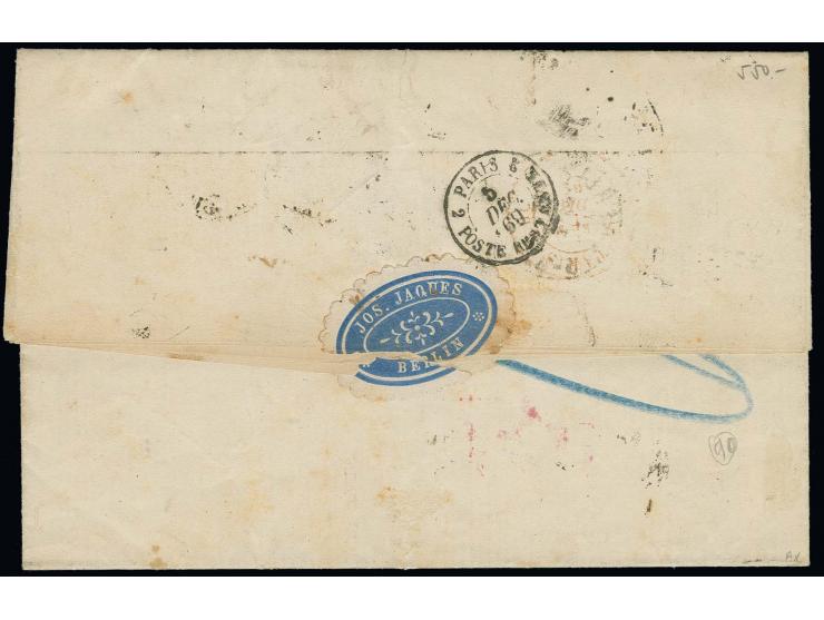 1869, gezähnte Ausgabe ¼ Gr. violett im senkrechten Paar mit ½ Gr. orange und waagerechtem Paar und 2 Einzelwerten 2 Gr. blau