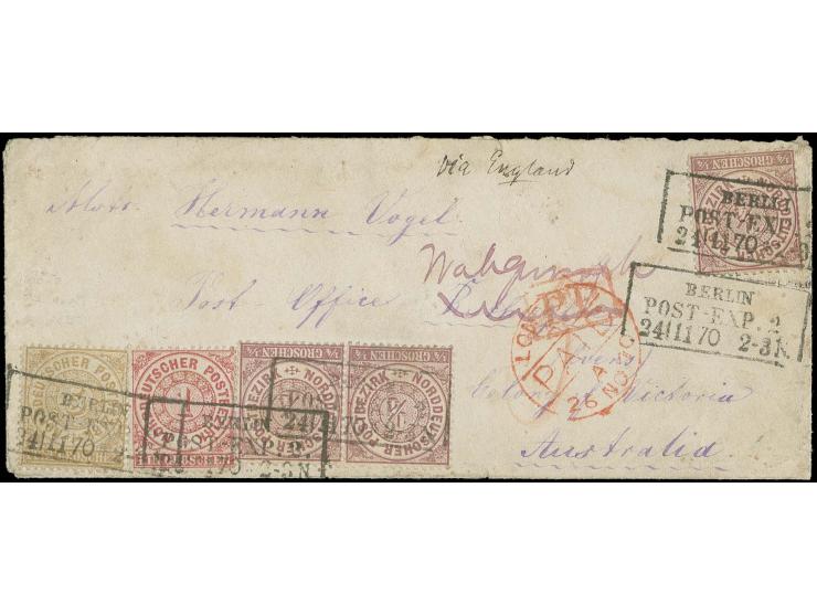 ¼ Gr. braunviolett, Einzelmarke und waagerechtes Paar, 1 Gr. karmin und 5 Gr. ockerbraun mit Preußen-Ra3 "BERLIN / POST-EXP. 