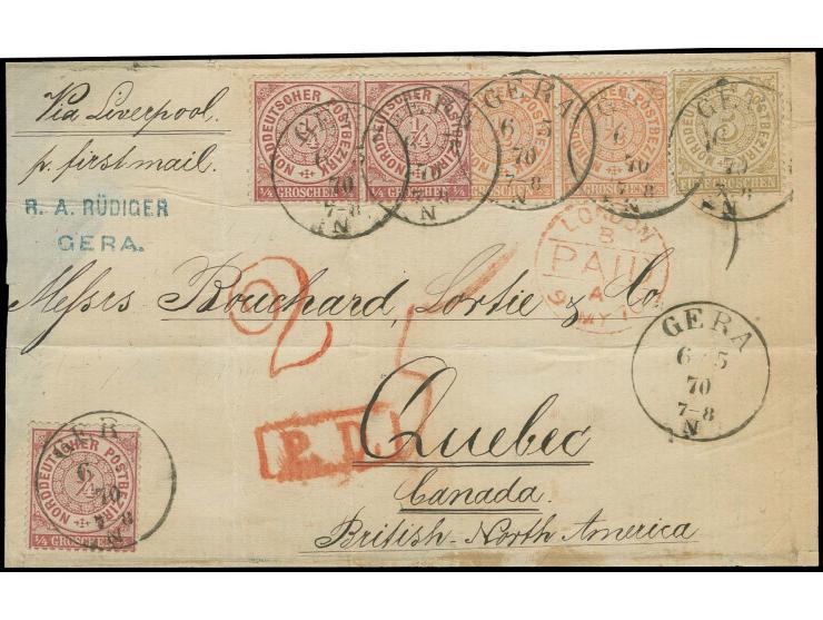 ¼ Gr. rotlila, waagerechtes Paar und Einzelmarke, ½ Gr. orange im waagerechten Paar und 5 Gr. ockerbraun mit T&T-EKr. "GERA 6