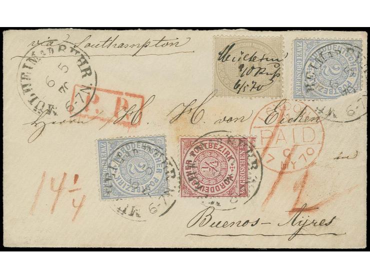 ¼ Gr. rotlila, 2 Gr. grauultramarin (2) und 1869, 10 Gr. gelblichgrau mit Preußen-DKr. "MÜLHEIM A.D. RUHR 6 5 70" bzw. die 10