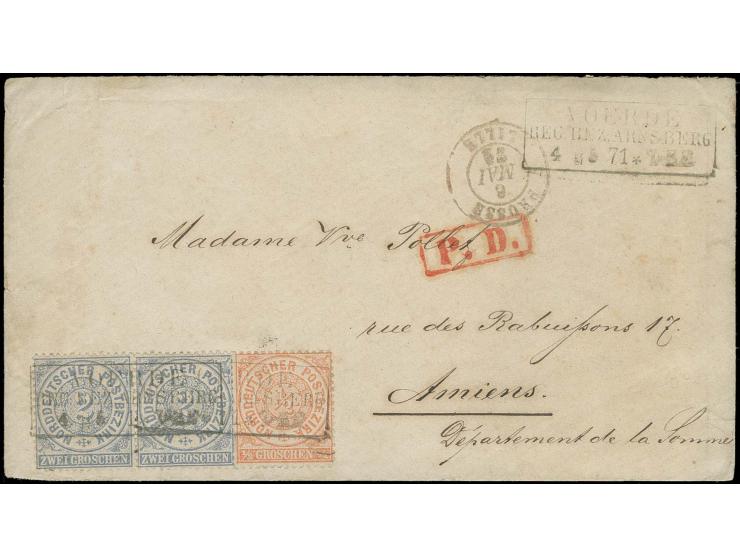 ½ Gr. orange und 2 Gr. grauultramarin im waagerechten Paar mit Ra3 "VOERDE / REG.BEZ. ARNSBERG / 4 5 71" auf Brief nach Frank