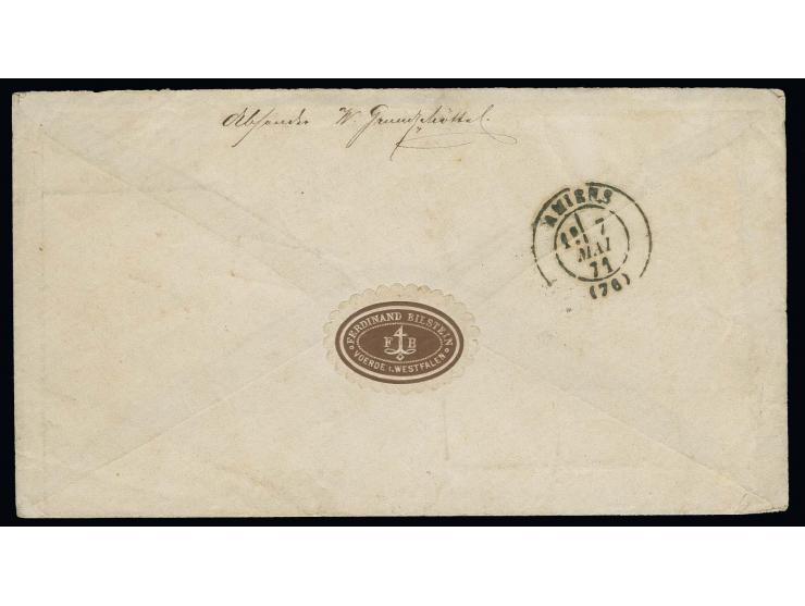 ½ Gr. orange und 2 Gr. grauultramarin im waagerechten Paar mit Ra3 "VOERDE / REG.BEZ. ARNSBERG / 4 5 71" auf Brief nach Frank