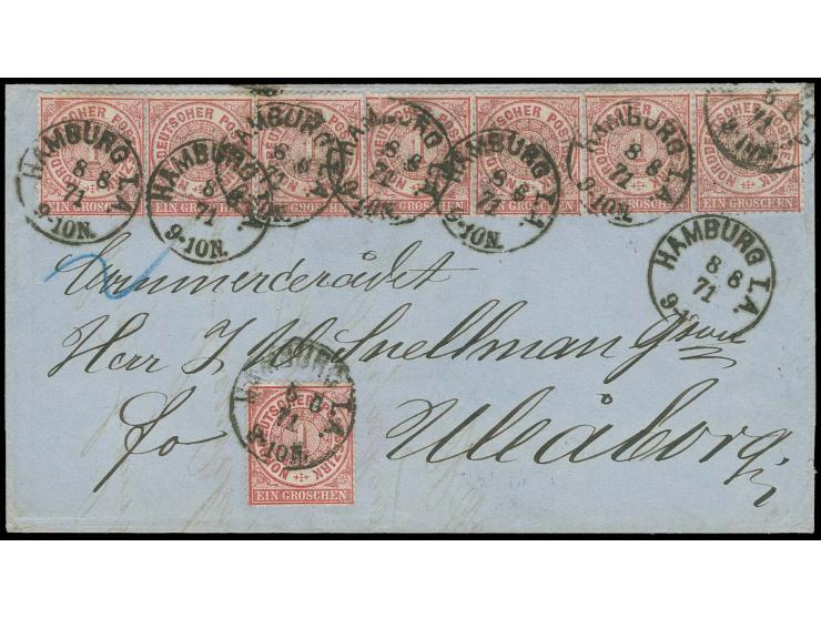 1 Gr. karmin (8, waagerechter 3er-Streifen, 2 waagerechte Paare und Einzelmarke) mit EKr. HAMBURG I.A. 8 8 71" auf Faltbrief 