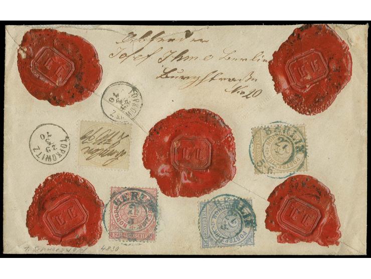 1 Gr. karmin, 2 Gr. grauultramarin und 5 Gr. ockerbraun und 1869, 10 Gr. gelblichgrau mit blauem Preußen-DKr. "BERLIN 27 3" (