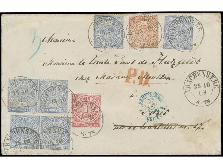 2 Gr. grauultramarin, 2 waagerechte Paare und 2 Einzelwerte, 1 Gr. karmin und 1/2 Gr. orange mit DKr. "TRACHENBERG 25.10.69" 
