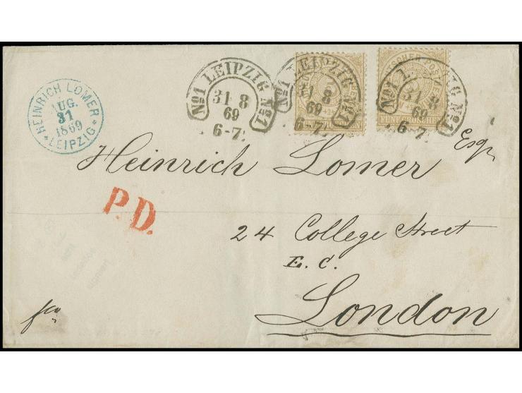 5 Gr. ockerbraun, zwei Einzelwerte mit Hufeisenstempel "No.1 LEIPZIG No.1 31 8 69" (Spalink-Nr. 21-1) auf Faltbrief der 2. Ge