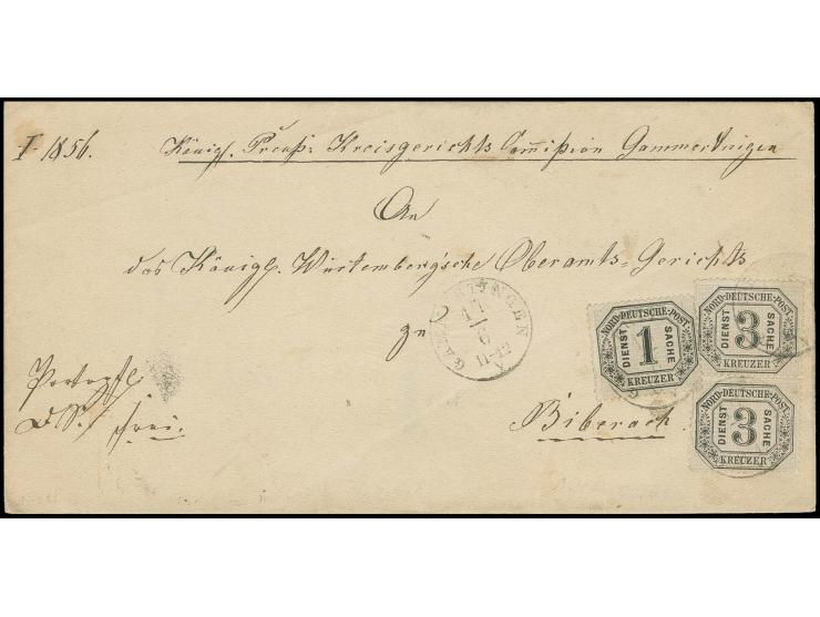  1870, 1 Kr. und 3 Kr. im senkrechten Paar mit Taxi-Ekr. "GAMMERTINGEN 17/6" auf Briefhülle nach Biberach; 1 Kr. mit losem Ec
