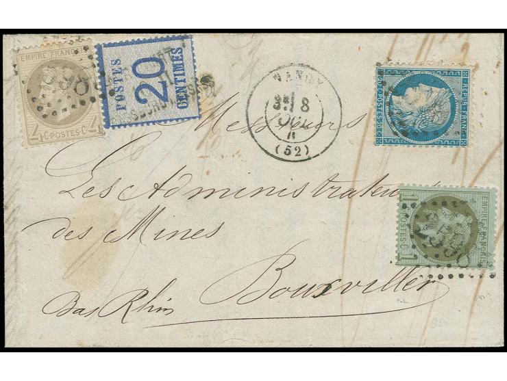 20 C. blau mit Bahnpost-L2 "AVRICOUR / STRASSBURG i. ELSASS" in Mischfrankatur mit Napoléon Lauré 1 C. und 4 C. sowie Ceres 2