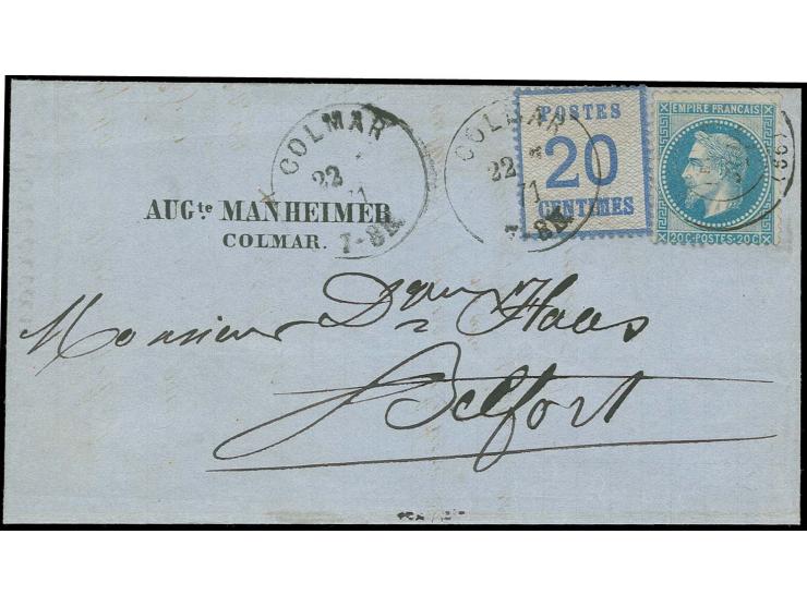  20 C. blau mit Ekr. "COLMAR 22 7 71" in Mischfrankatur mit Napoléon Lauré 20 C. auf kleinem Brief nach Belfort, die Frankrei