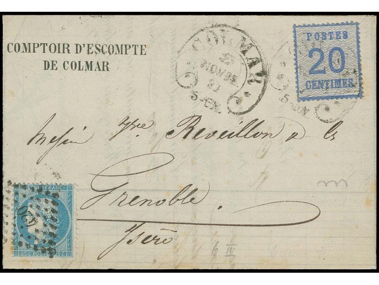  20 C. mit Hufeisenstempel "COLMAR 23 NOVBR. 71" in Mischfrankatur mit Frankreich Siège 25 C. mit PC "420" auf Faltbrief nach