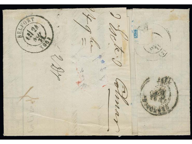  20 C. mit Hufeisenstempel "COLMAR 23 NOVBR. 71" in Mischfrankatur mit Frankreich Siège 25 C. mit PC "420" auf Faltbrief nach