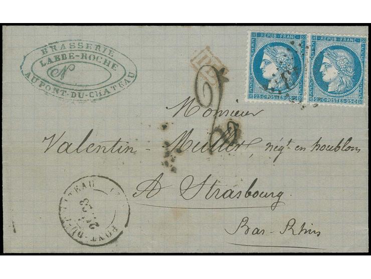 DOPPELFRANKATUREN:  Taxziffer "2" (Groschen) auf Doppelfrankaturbrief mit Frankreich 1871, Ceres 25 C. blau im waagerechten P