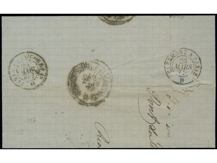 DOPPELFRANKATUREN:  Taxziffer "2" (Groschen) auf Doppelfrankaturbrief mit Frankreich 1871, Ceres 25 C. blau im waagerechten P