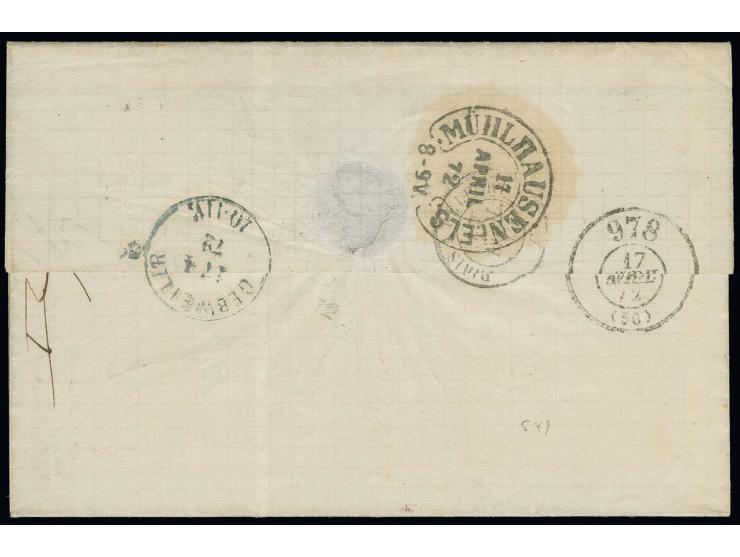  Taxziffer "2" auf Doppelfrankatur-Faltbrief mit Frankreich 1871, Ceres 25 C. blau mit GC "3106" und nebengesetztem DKr. "REM
