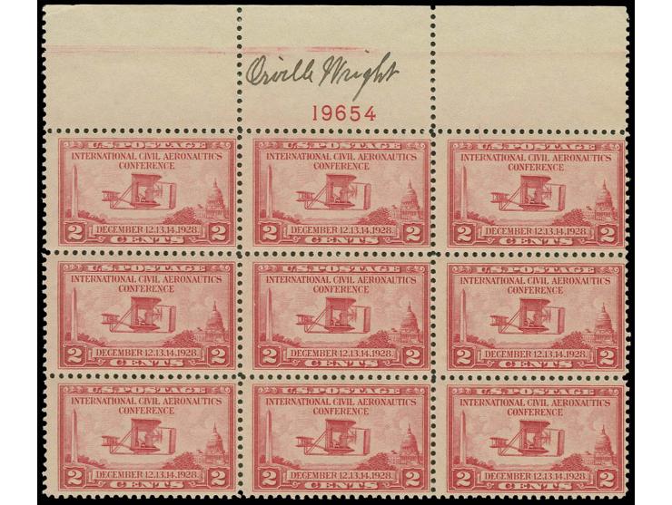 1928, Brother Wright 2 c. upper margin block of 9 with plate number and signature of "Orville Wright" above the plate number,