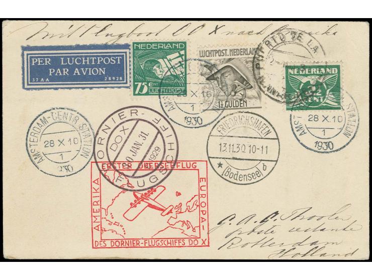 America Flight, Dutch post, card from "AMSTERDAM 28.10.30" via Friedrichshafen with Puerta de la Luz arrival mark, on-board c