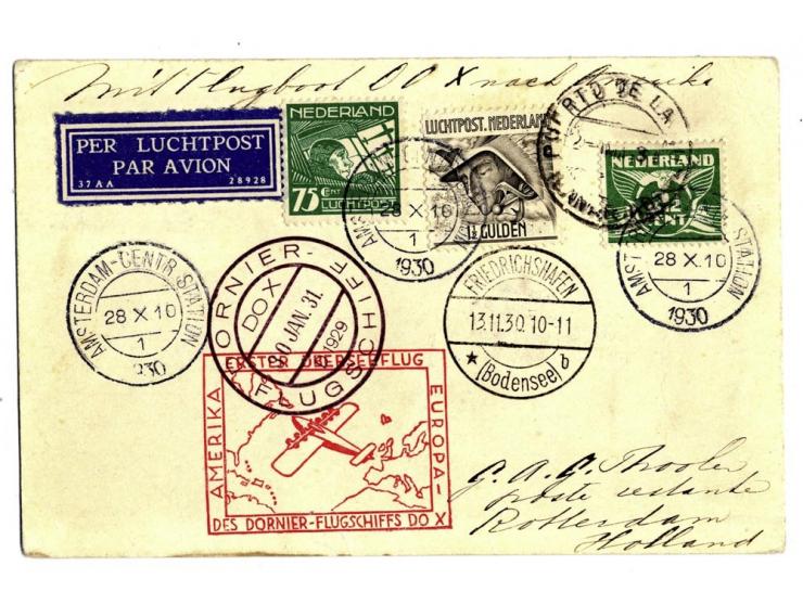 America Flight, Dutch post, card from "AMSTERDAM 28.10.30" via Friedrichshafen with Puerta de la Luz arrival mark, on-board c