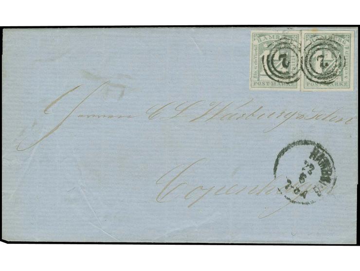  1864, 1¼ Schilling grau, 2 Einzelwerte, beide breitrandig mit Nummer "2" und nebengesetztem EKr. "HAMBURG 22 6" (1864) auf k