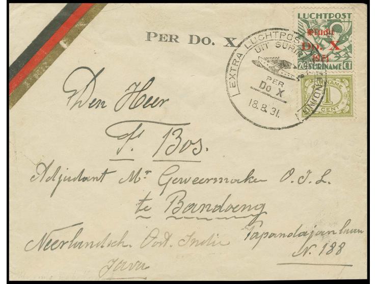 Suriname, cover via Port of Spain to Bandoeng (Java), transit- and arrival mark and special cachets on reverse, very scarce, 
