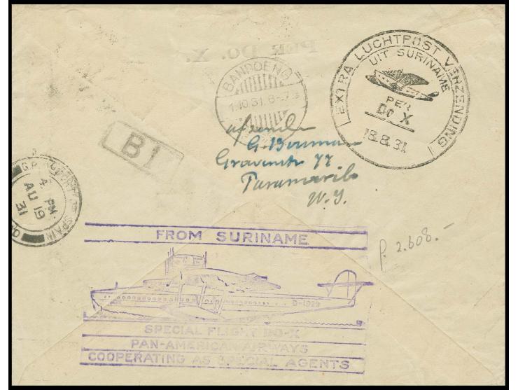 Suriname, cover via Port of Spain to Bandoeng (Java), transit- and arrival mark and special cachets on reverse, very scarce, 