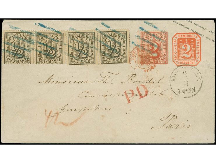 FRANKREICH: 1864/67, ½ Schilling schwarz, 2 waagerechte Paare zusammen mit 2 Schilling rot, alle mit blauem Balkenstempel und