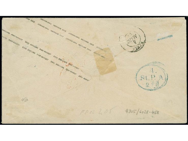 FRANKREICH: 1864/67, ½ Schilling schwarz, 2 waagerechte Paare zusammen mit 2 Schilling rot, alle mit blauem Balkenstempel und