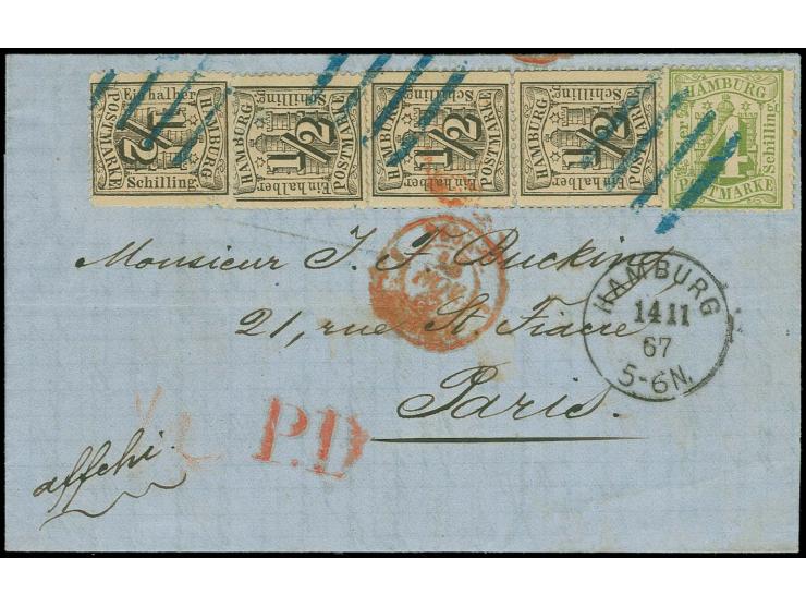  1864/67, ½ Schilling schwarz, 4 Einzelwerte zusammen mit 4 Schilling grün, mit blauem Balkenstempel auf komplettem Faltbrief