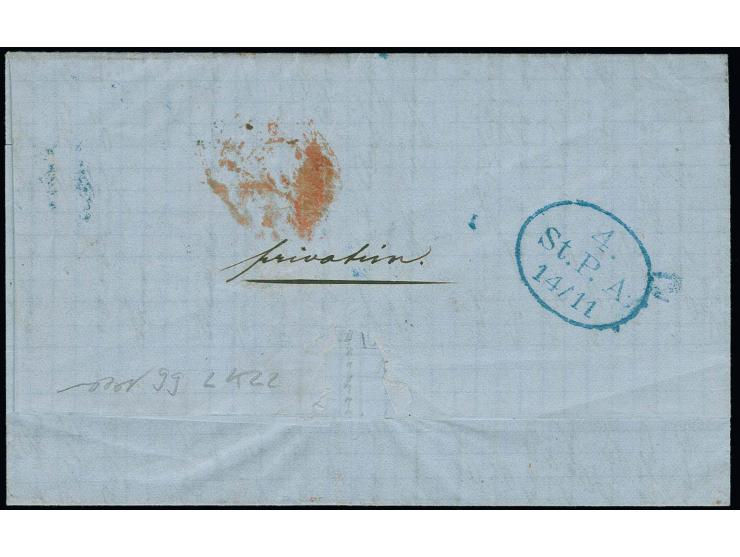  1864/67, ½ Schilling schwarz, 4 Einzelwerte zusammen mit 4 Schilling grün, mit blauem Balkenstempel auf komplettem Faltbrief