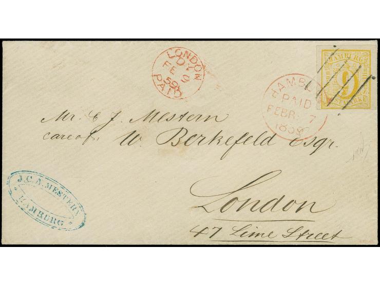  1859, 9 Schilling orangegelb, voll- bis meist breitrandig und sehr schön farbfrisch, mit klar aufgesetztem Strichstempel und