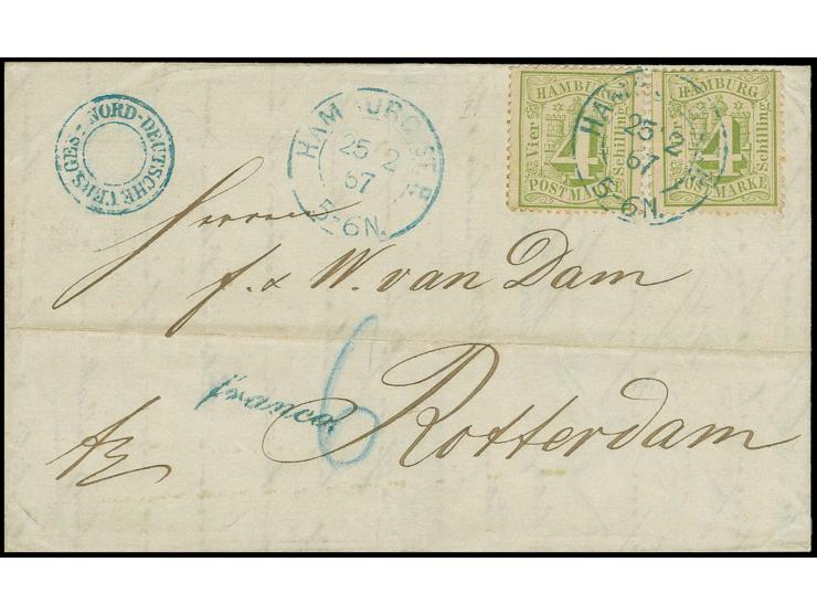 NIEDERLANDE: 1864/67, 4 Schilling grün, 2 Einzelwerte mit blauem DKr. "HAMBURG ST.P. 25/2 67" auf Faltbrief nach Rotterdam mi
