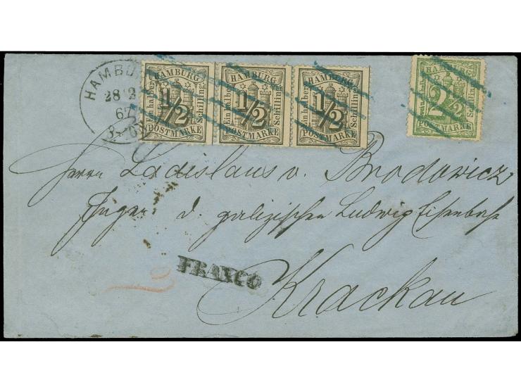 ÖSTERREICH/POLEN: 1867, 2½ Schilling olivgrün mit 1864/67, ½ Schilling schwarz im waagerechten 3er-Streifen mit blauem Balken