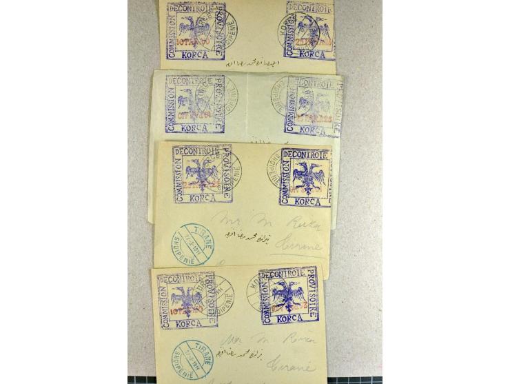 KORCA: 1914, Partie mit 16 Umschlägen mit je 2 Wertstempeln (in den Kombinationen 10 Para + 20 Para, 10 Para + 10 Para und 25