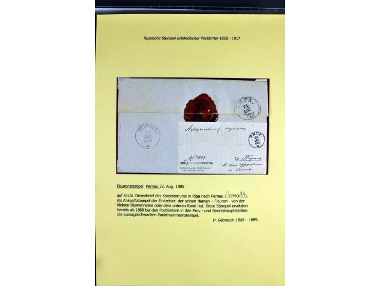 1858/1917, 60 Briefe, Karten und Ganzsachen mit kyrillischen Einkreisstempeln, Type 1-5 nach Hurt/Ojaste, auf beschrifteten A