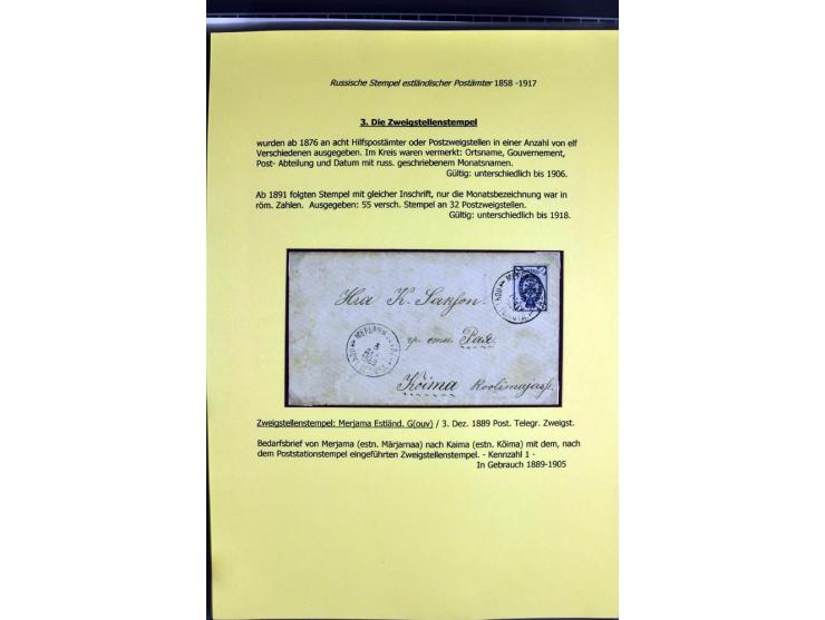 1858/1917, 60 Briefe, Karten und Ganzsachen mit kyrillischen Einkreisstempeln, Type 1-5 nach Hurt/Ojaste, auf beschrifteten A