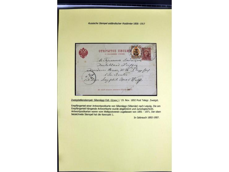 1858/1917, 60 Briefe, Karten und Ganzsachen mit kyrillischen Einkreisstempeln, Type 1-5 nach Hurt/Ojaste, auf beschrifteten A