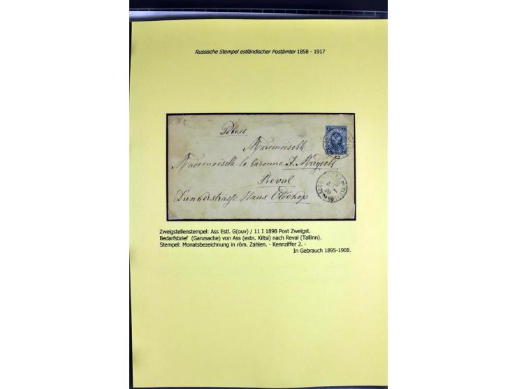 1858/1917, 60 Briefe, Karten und Ganzsachen mit kyrillischen Einkreisstempeln, Type 1-5 nach Hurt/Ojaste, auf beschrifteten A