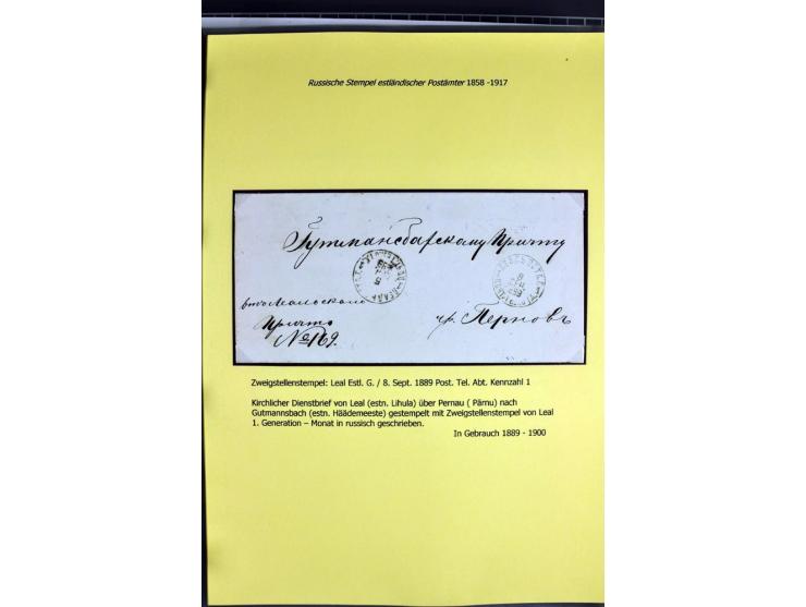 1858/1917, 60 Briefe, Karten und Ganzsachen mit kyrillischen Einkreisstempeln, Type 1-5 nach Hurt/Ojaste, auf beschrifteten A