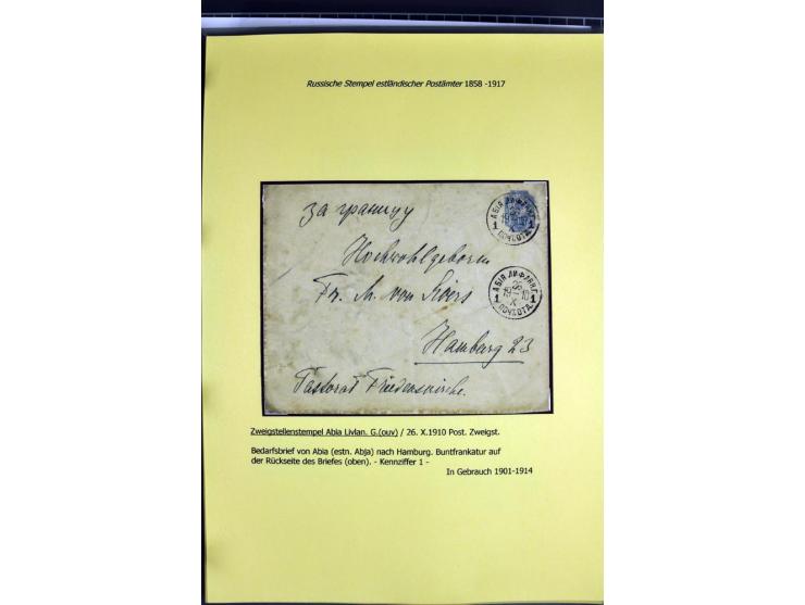 1858/1917, 60 Briefe, Karten und Ganzsachen mit kyrillischen Einkreisstempeln, Type 1-5 nach Hurt/Ojaste, auf beschrifteten A
