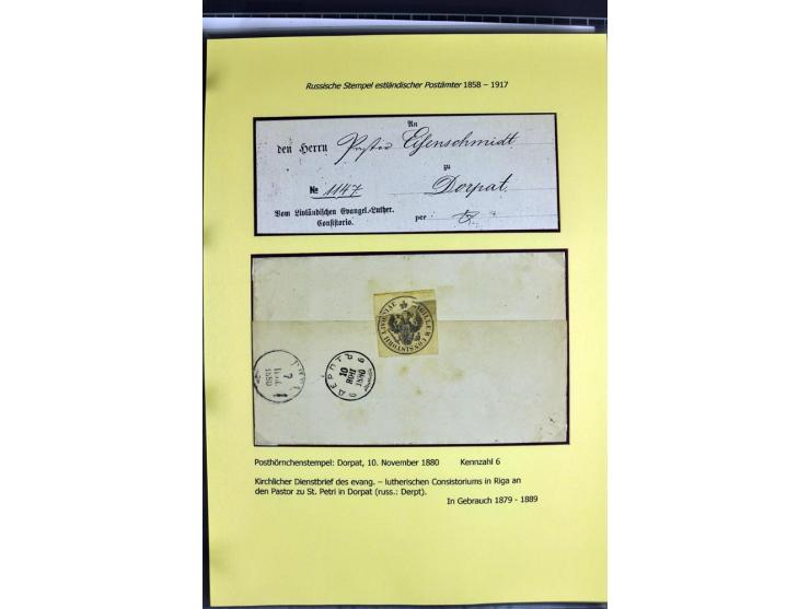 1858/1917, 60 Briefe, Karten und Ganzsachen mit kyrillischen Einkreisstempeln, Type 1-5 nach Hurt/Ojaste, auf beschrifteten A