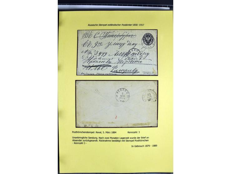 1858/1917, 60 Briefe, Karten und Ganzsachen mit kyrillischen Einkreisstempeln, Type 1-5 nach Hurt/Ojaste, auf beschrifteten A