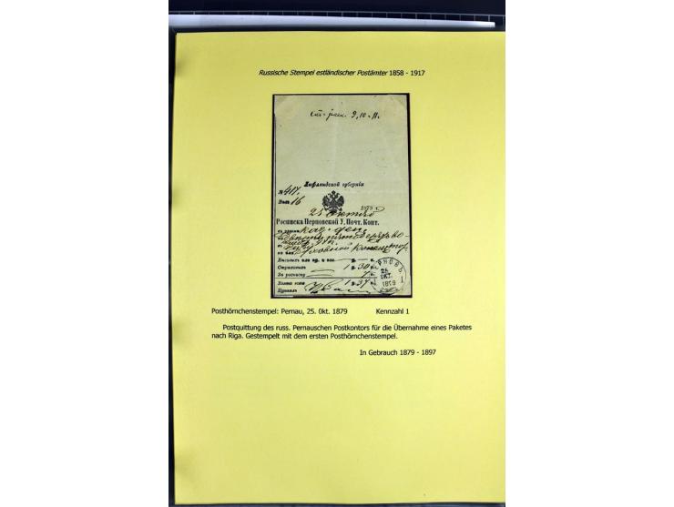 1858/1917, 60 Briefe, Karten und Ganzsachen mit kyrillischen Einkreisstempeln, Type 1-5 nach Hurt/Ojaste, auf beschrifteten A