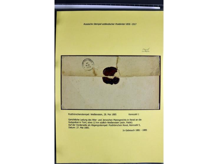 1858/1917, 60 Briefe, Karten und Ganzsachen mit kyrillischen Einkreisstempeln, Type 1-5 nach Hurt/Ojaste, auf beschrifteten A