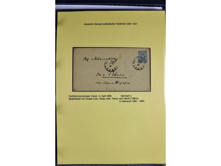 1858/1917, 60 Briefe, Karten und Ganzsachen mit kyrillischen Einkreisstempeln, Type 1-5 nach Hurt/Ojaste, auf beschrifteten A