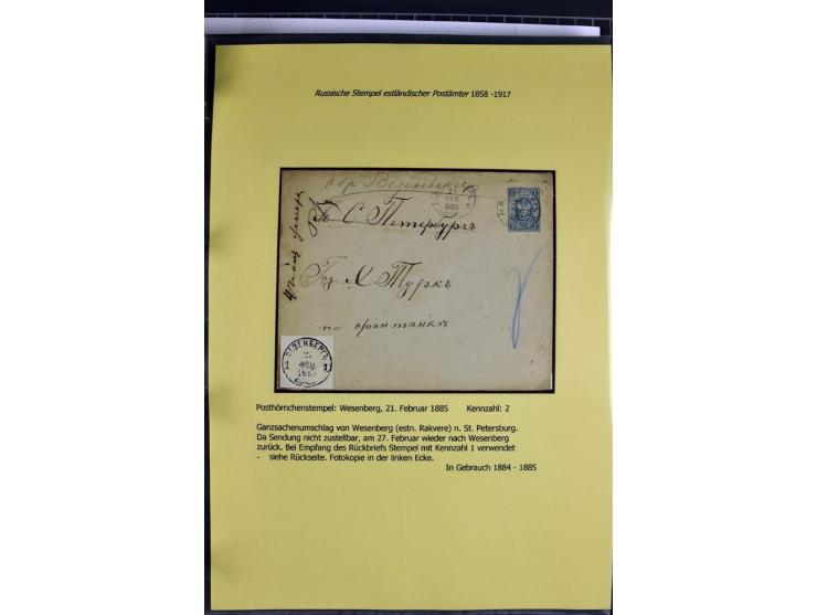 1858/1917, 60 Briefe, Karten und Ganzsachen mit kyrillischen Einkreisstempeln, Type 1-5 nach Hurt/Ojaste, auf beschrifteten A