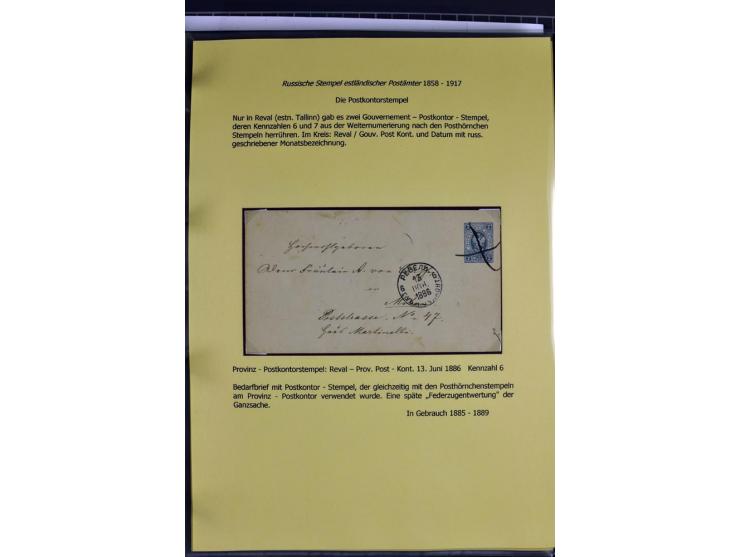 1858/1917, 60 Briefe, Karten und Ganzsachen mit kyrillischen Einkreisstempeln, Type 1-5 nach Hurt/Ojaste, auf beschrifteten A