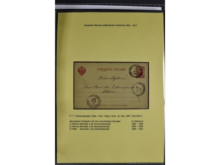 1858/1917, 60 Briefe, Karten und Ganzsachen mit kyrillischen Einkreisstempeln, Type 1-5 nach Hurt/Ojaste, auf beschrifteten A